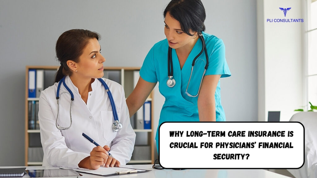 Two physicians discussing long-term care insurance in a medical office.
