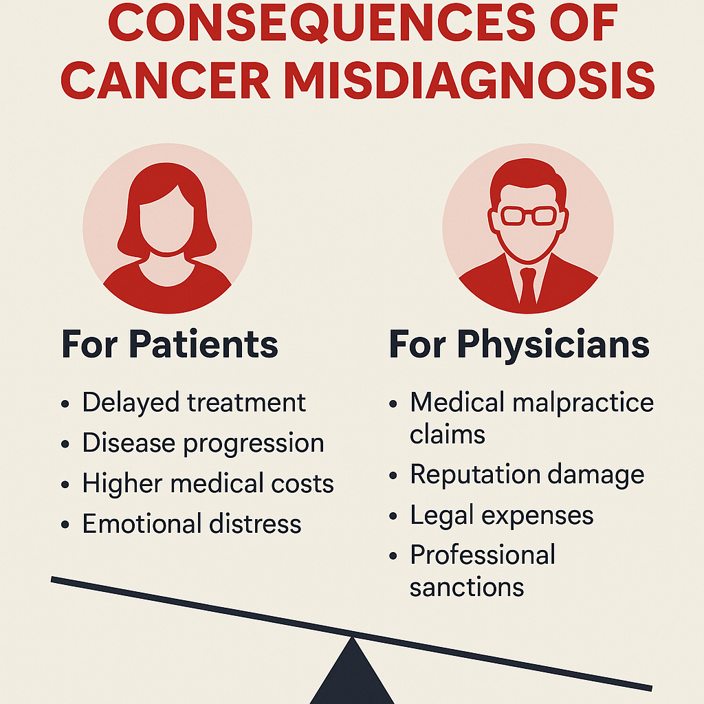 Infographic of cancer misdiagnosis consequences for patients and physicians.