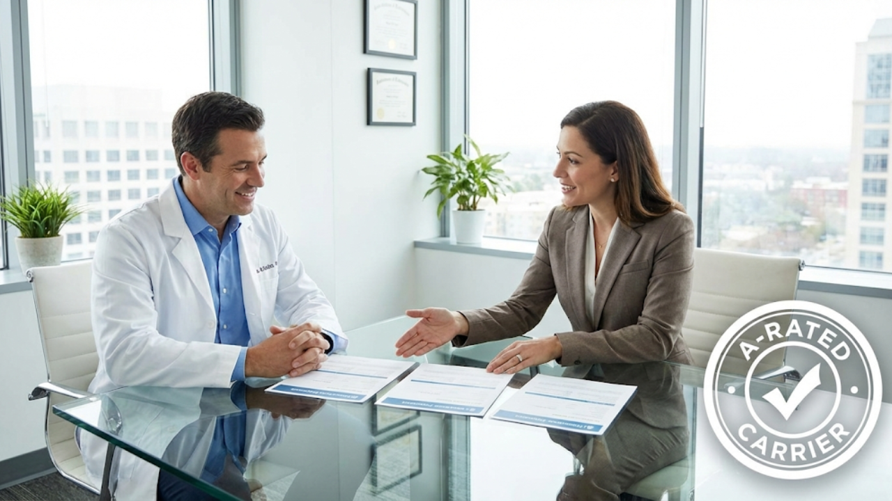 Doctor and advisor discussing A-rated carrier options