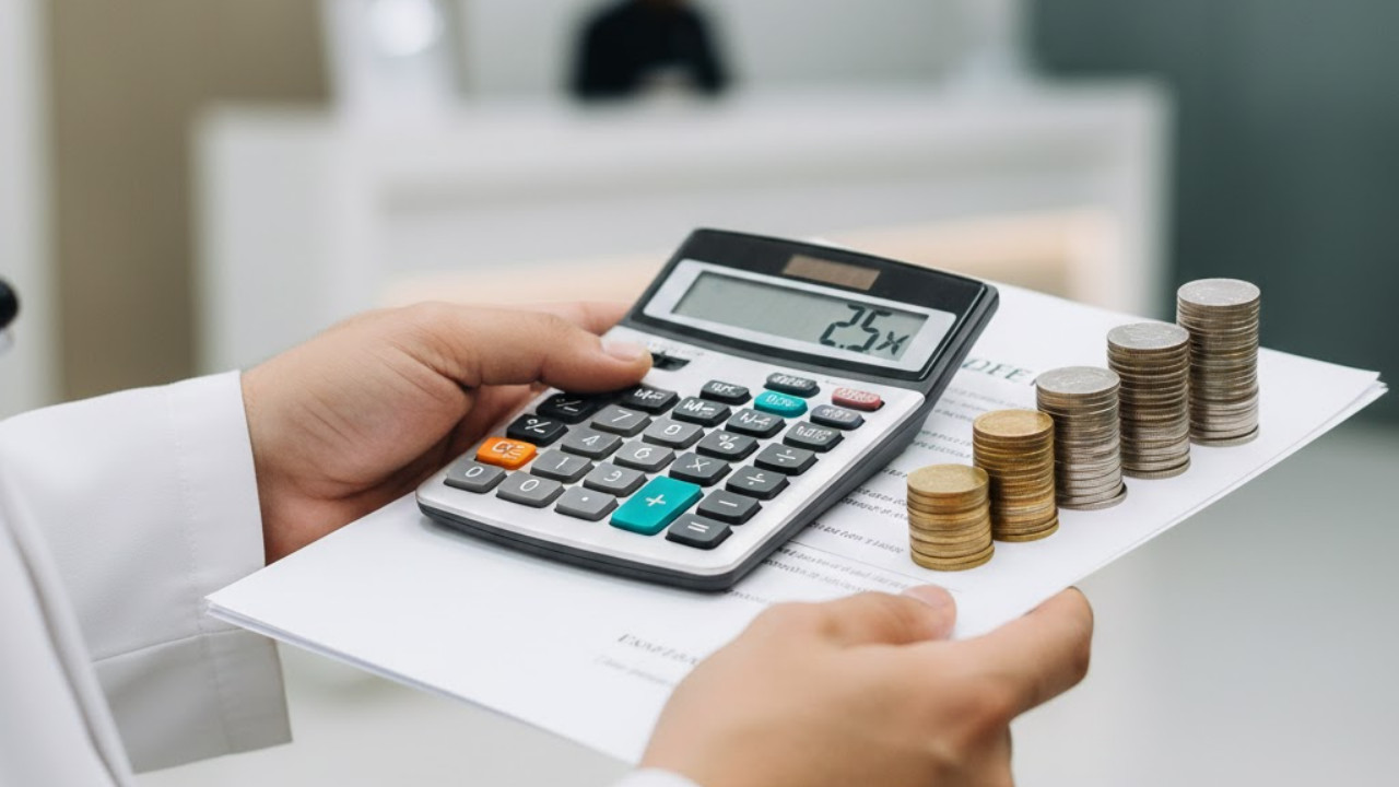 Hands holding a calculator and coins over insurance documents