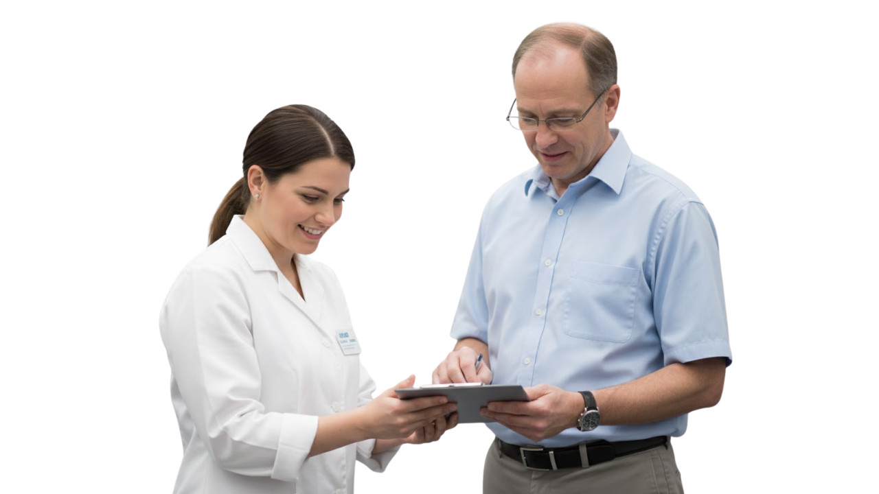 Healthcare professional reviewing deductible with insurance agent