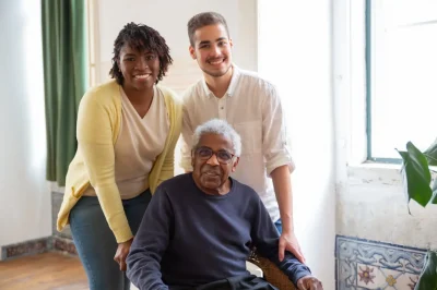 Elderly man in a wheelchair with family, symbolizing long term care insurance for nursing homes.
