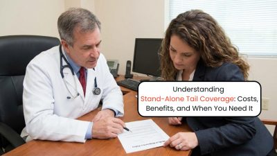 Doctor and insurance agent reviewing a medical policy document