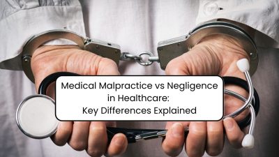 Handcuffed doctor holding a stethoscope, illustrating medical malpractice vs negligence