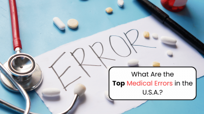 Illustration of top medical errors in the USA with a stethoscope and pills