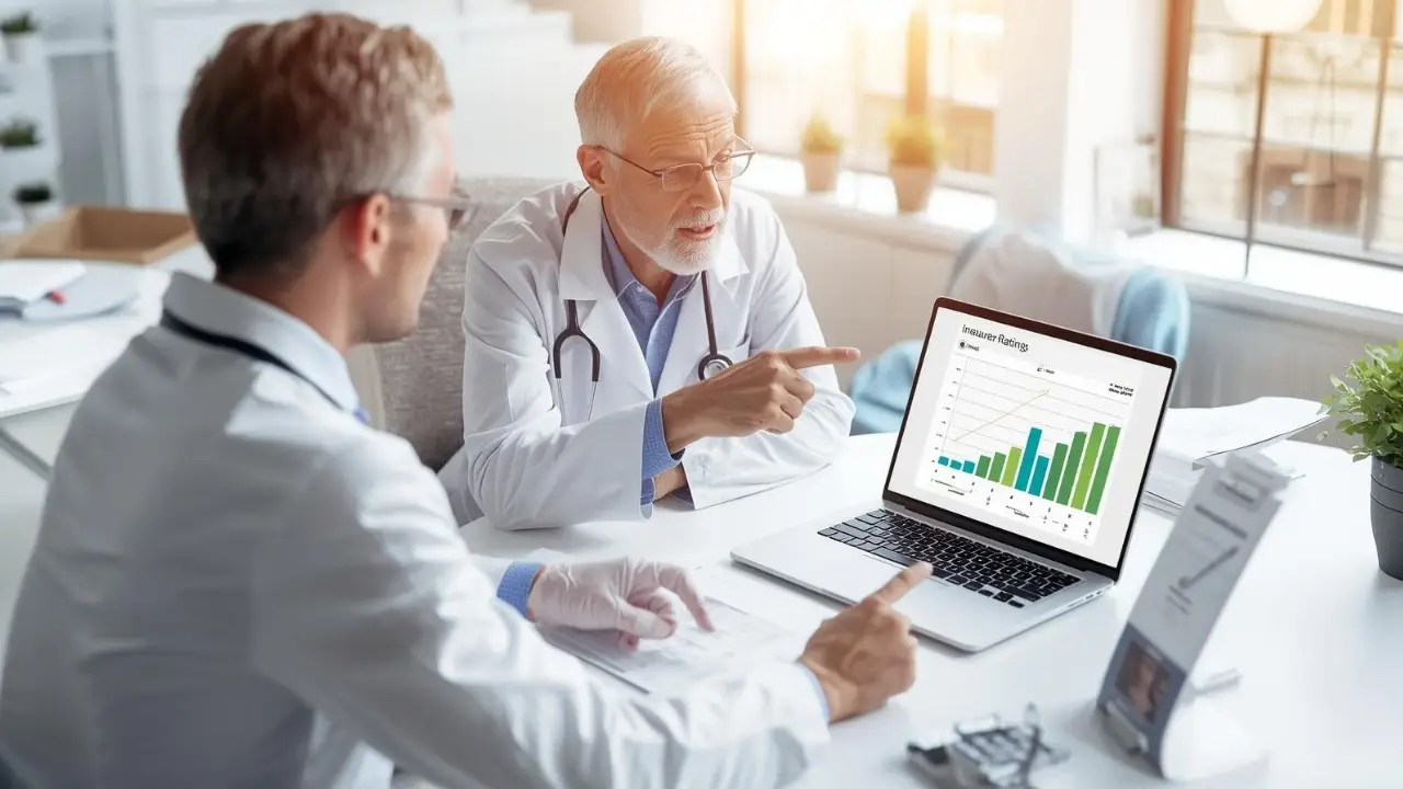 Doctors reviewing insurer ratings and policy terms on a laptop